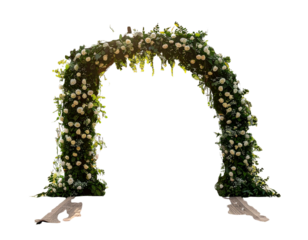 Rustic outdoor wedding arch with white roses and leaves