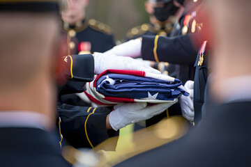 Honoring the Fallen: A solemn moment of respect, as hands gently cradle a folded American flag. It represents sacrifice, remembrance, and the enduring spirit of a nation.