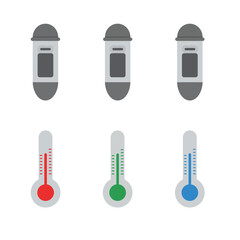 Illustrative set of digital and analog thermometers in various colors