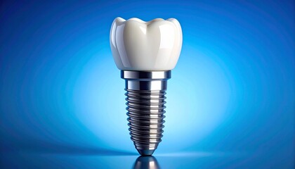 Dental implant with metallic base and ceramic crown—set against blue gradient—evokes crafted precision, symbolic restoration, and the rhythm of modern healing, resilience, and anatomical design.
