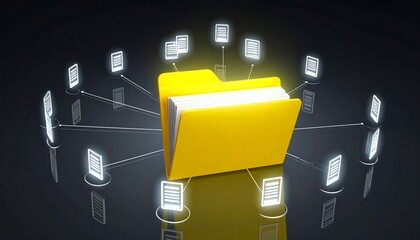 Large yellow folder icon at center—connected to smaller document and folder icons by glowing lines—set against starry sky with clouds—evokes crafted organization, symbolic access, and the rhythm of di