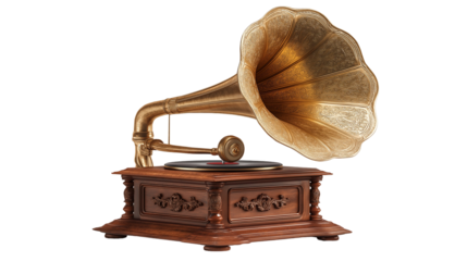 A vintage gramophone with a golden horn and wooden base on a black background in a studio shot