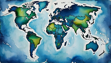Global Harmony: A captivating artistic rendition of the world map, showcasing a vibrant watercolor style that highlights the beauty and interconnectedness of our planet. 