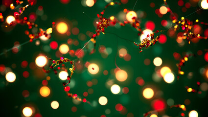 Festive String Lights: A captivating display of string lights casts a warm, festive glow against a deep green backdrop, evoking the joy and magic of celebration.