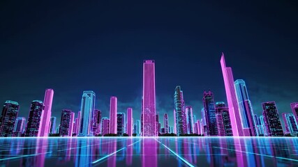 Neon cyberpunk city skyline glows over reflective grid as futuristic skyscraper forms rise against deep night, glowing lines define architecture, metaverse atmosphere signaling technology progress. - Powered by Adobe