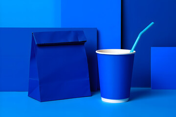 Monochromatic Lunch Break: A stylish composition of a paper bag and drink cup with a straw, all in striking shades of blue, creating a vibrant scene.