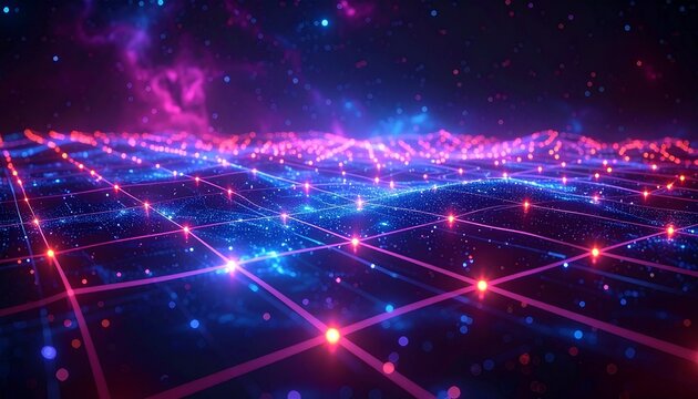 Neon-lit digital terrain—glowing grid lines and bright nodes form a cybernetic cityscape of geometric peaks—evokes crafted immersion, symbolic data flow, and the rhythm of virtual architecture and syn