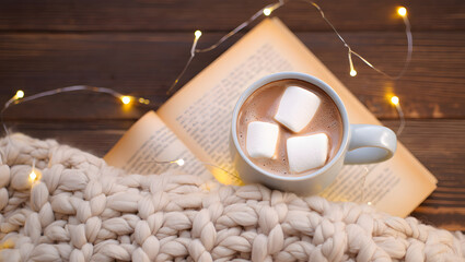 Cozy Reading Moment: Warm drink and open book, illuminated by soft lights, atop a knitted blanket, a perfect scene of relaxation.