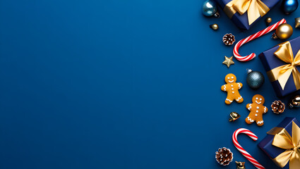 Festive Arrangement: Gifts and Decorations: A vibrant arrangement of gifts and decorations in a flat lay, with a background that sets a festive scene. Including golden bows and gingerbread men.