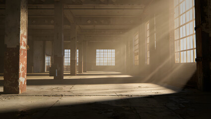 Sunlit Industrial Echo: A forgotten industrial space, bathed in the golden rays of sunlight, reveals the haunting beauty of age and neglect. A compelling study in light, shadow, and decay.