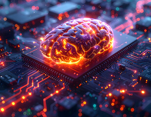 AI Brain Microchip Integration: Glowing Red Purple Human Brain Superimposed on Circuitry with High-Tech Electronic System Background for Cognition Merge Concept