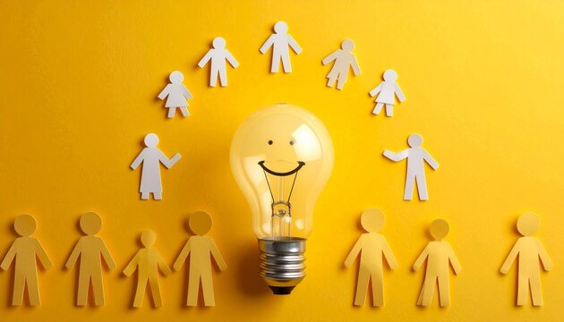 Smiley-faced light bulb centered on bright yellow backdrop—surrounded by paper-cutout human figures in semicircle and line—evokes crafted optimism, symbolic collaboration, and the rhythm of shared cre