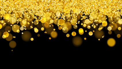 Sparkling Golden Dreamscape: A captivating composition featuring a cascade of shimmering golden bokeh lights, creating an ethereal and celebratory ambiance against a black backdrop.