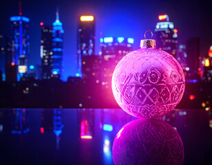 Festive Christmas Ornament Glowing Against Vibrant Urban Night Cityscape Backdrop with Tall Buildings and Reflective Wet Surface for Holiday Celebrations