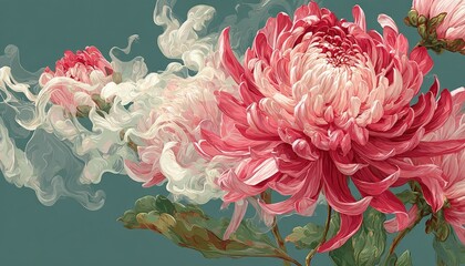 Pink chrysanthemum blooms with smoky mist