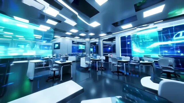 Futuristic classroom with interactive screens displaying dynamic data visualizations and holographic projections, featuring sleek, minimalist furniture in a modern, high-tech learning environment