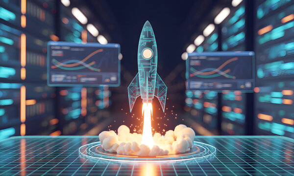 Rocket Launching from Server Room Data Center, Representing Technology Startup Success