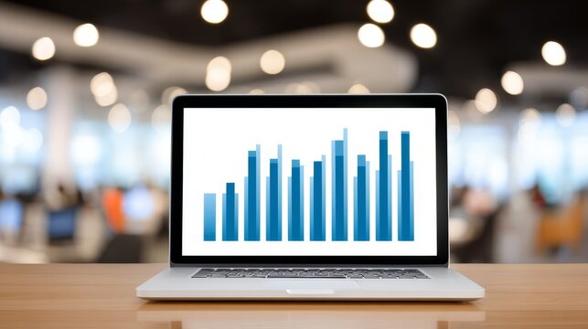 Laptop displaying upward trending bar chart, visualizing growth and success in business finance. - Powered by Adobe