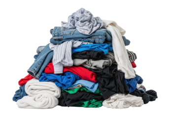 Large pile of used faded blue jeans, crumpled striped shirts, various t-shirts, and white towels, against a transparent background with copy space, concept of domestic chores