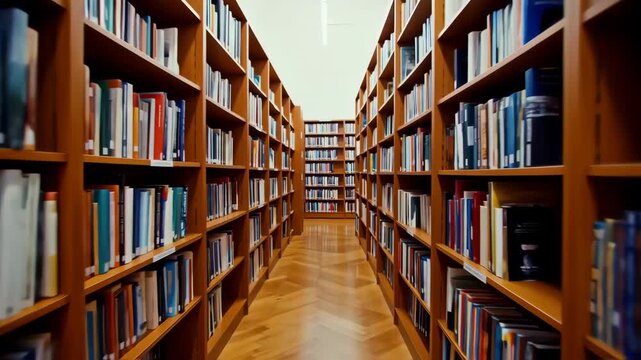 Rows of wooden bookshelves filled with numerous books line a long corridor with a polished wooden floor, creating a studious and peaceful atmosphere