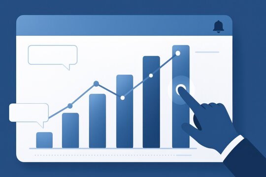 Blue themed illustration of hand tapping growth bar chart with rising line and notification icon
 - Powered by Adobe