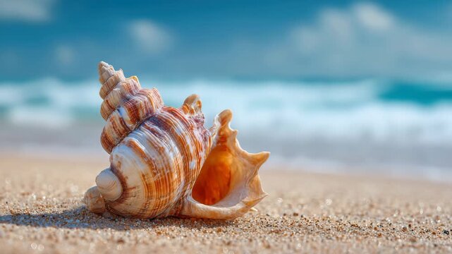 A stunning shell lies on the warm sandy beach while gentle waves lap at the shore. The sun shines brightly, creating a peaceful seaside atmosphere