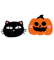 Crayon style illustration of a pumpkin head and a black cat head for Halloween decoration.