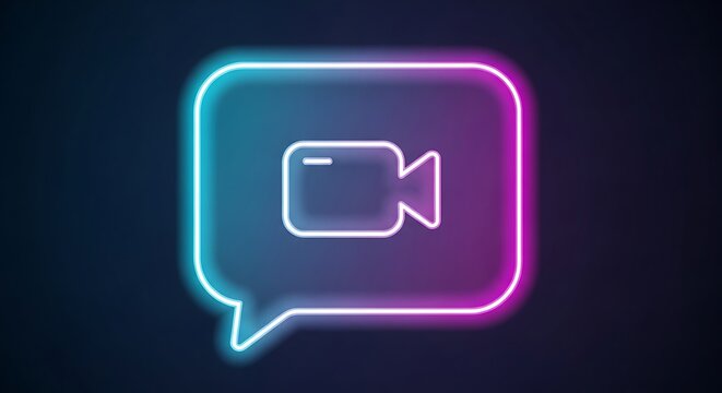 Glowing video conference talk bubble illustration with a camera inside