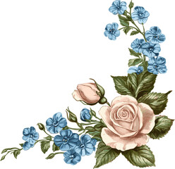 a pink rose and blue forget-me-nots corner design clipart, isolated on white background