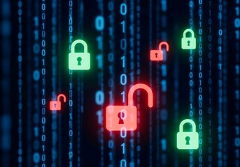 Cybersecurity concept with binary code and digital padlocks showing security and vulnerability