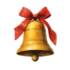 Watercolor golden Christmas bell with red ribbon bow isolated on transparent PNG background