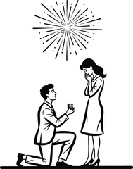Man proposes to woman under fireworks in a romantic marriage proposal scene on transparent background