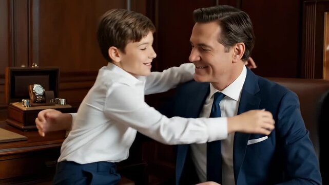 Father son bonding luxury watch collection cinematic premium family lifestyle scene. paternal offspring tie opulent timepiece array filmic superior domestic existence tableau.