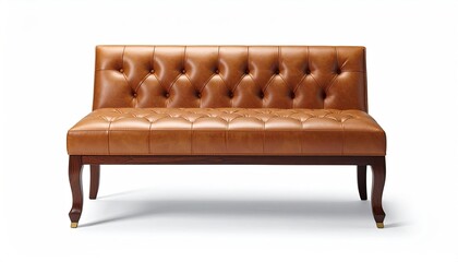 A tan leather tufted loveseat with dark wood frame and cabriole legs sits on a white background