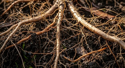 Macro shot of a complex network of plant roots growing in dark soil with dew drops