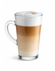 Layered latte in a clear glass mug with a handle, creamy foam topping, and subtle color gradation showing espresso, milk, and foam