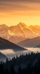 Obraz premium Stunning golden sunrise over snow-capped mountains and misty forests offers a breathtaking landscape view, perfect for travel and adventure inspiration