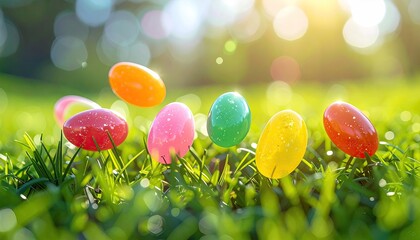 Colorful eggs playfully suspended in vibrant green grass, bathed in warm, sunlit bokeh