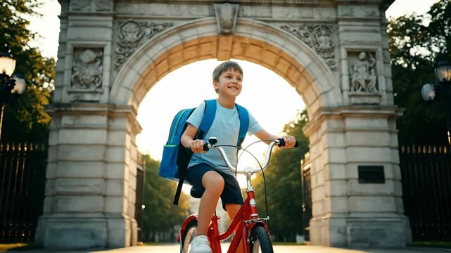 Kid riding bicycle school bag toward campus entrance cinematic morning back school vibe. youngster cycling bike satchel toward academy gate filmic sunrise education feeling.