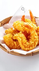 Golden-brown tempura shrimp in a light brown bamboo basket, resting on parchment paper, against a bright white background