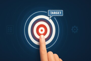Finger pressing red bullseye target icon with focus label on dark blue digital background
