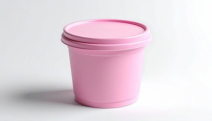 A pale pink, cylindrical plastic container with a matching lid, set against a white backdrop, casts a subtle shadow