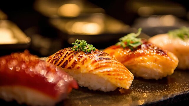 Enjoy watching a skilled chef prepare and plate exquisite sushi, showcasing fresh ingredients and artful presentation. The lively atmosphere enhances this culinary experience