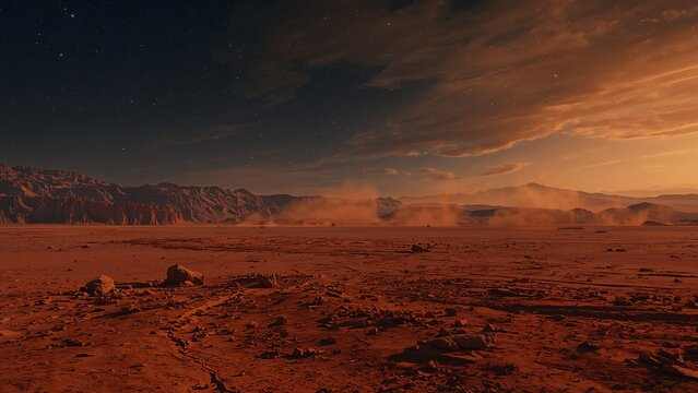 Expansive Martian desert landscape featuring rocky terrain and distant dust storms under the starry sky at dusk, creating a dramatic and atmospheric extraterrestrial scene
