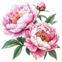 Two pink peonies in full bloom, one bud, lush green leaves,  detailed, botanical illustration, white background