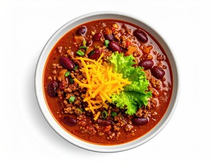 A hearty bowl of chili, garnished with shredded cheese, chopped green onions, and a lettuce wedge.  Rich, reddish-brown chili brimming with kidney beans and ground beef