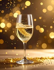 Sparkling wine in a stemmed glass,  gold glitter, bokeh lights, celebratory mood