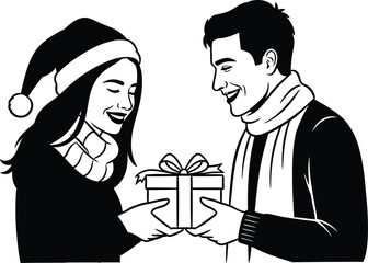 Woman in santa hat receives christmas gift from smiling man with scarf on transparent background