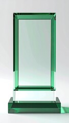 A rectangular, green glass award plaque with a clear base, standing upright against a white background; clean, minimalist design