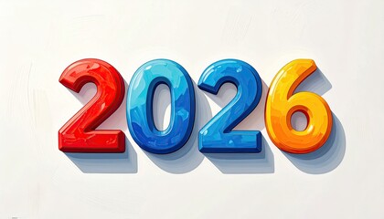 Glossy, colorful 3D numerals "2026" cast shadows on a white background.  Each digit is a different vibrant hue
